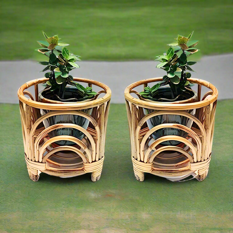 Cane Bamboo Planter (Set of 2) Stand for Garden, Balcony Home and Office | Size- 10W*12H Inch - swadeshibamboo