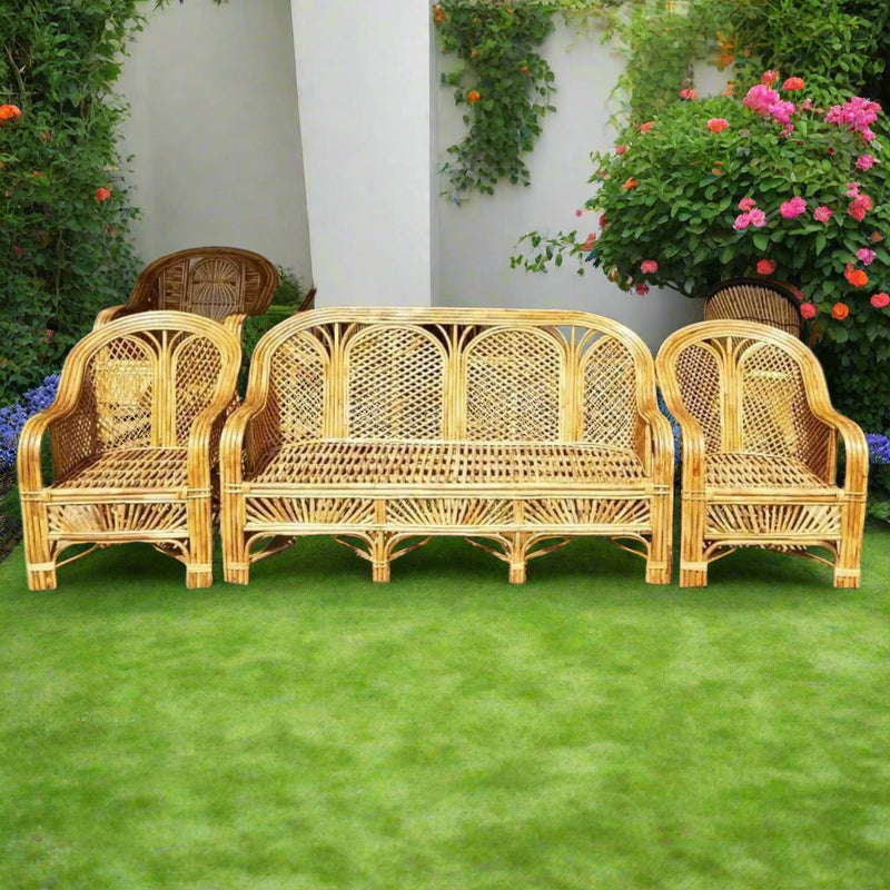 Cane Rattan Bamboo 5 Seater Designer Sofa Set with table For Home, Office and Garden - swadeshibamboo