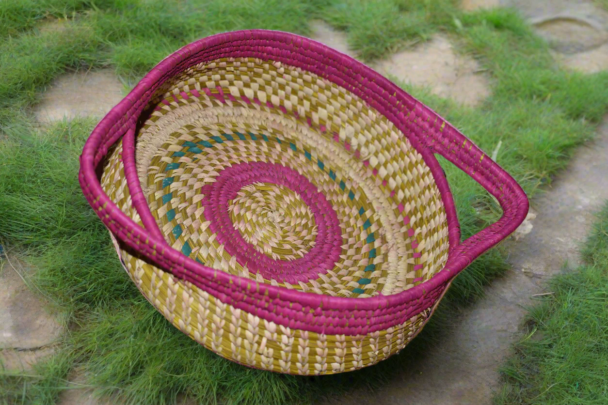 Handicraft Sabai grass Tray With Handle- Pink - swadeshibamboo