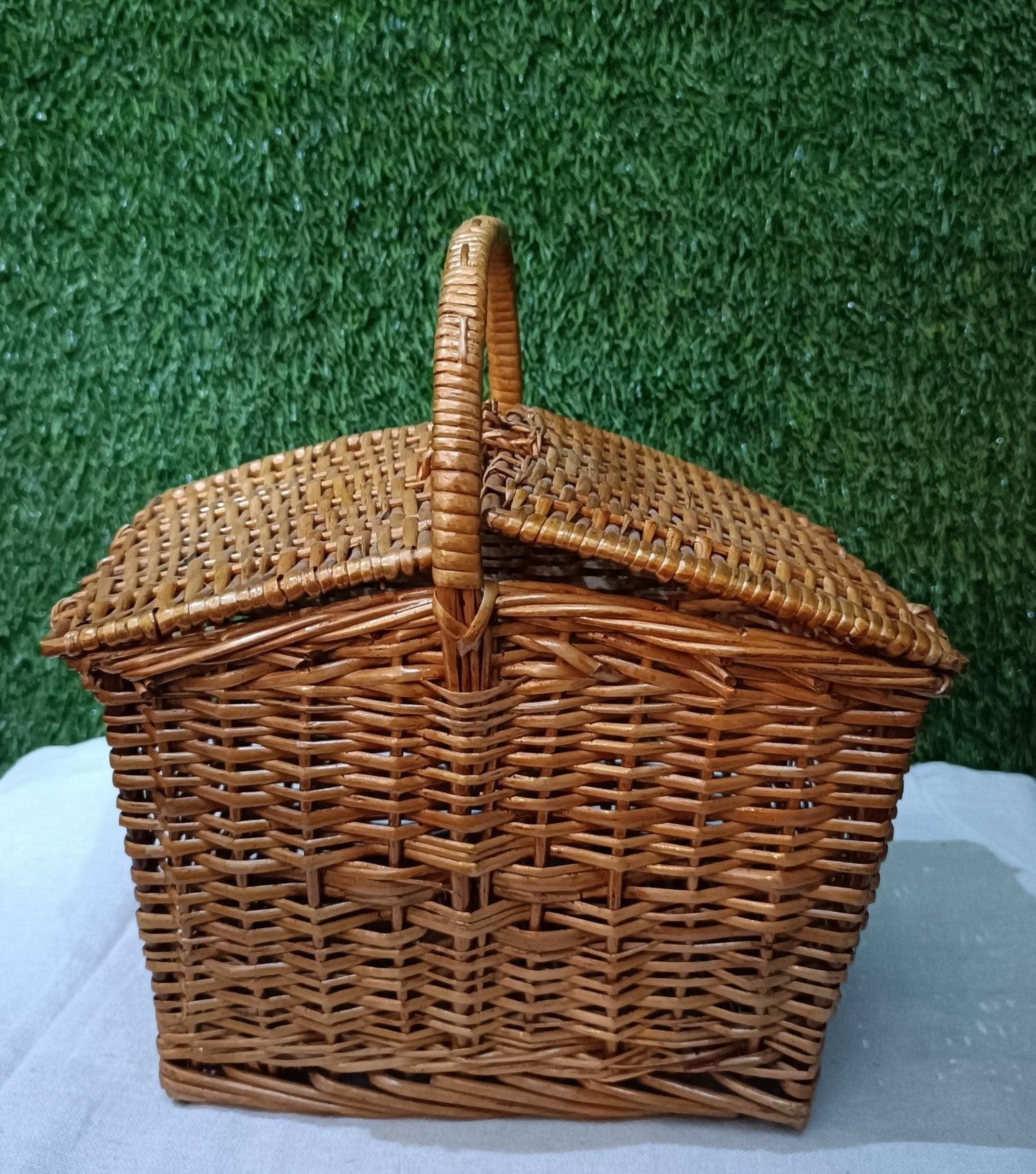 Bamboo cane Storage Basket for Picnic and Outdoor Shopping with Handle. (brown) - swadeshibamboo