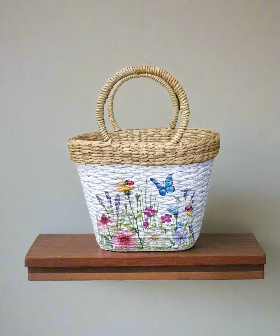 Handwoven floral printed straw Kauna Picnic bag-basket - swadeshibamboo