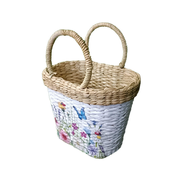 Handwoven floral printed straw Kauna Picnic bag-basket - swadeshibamboo