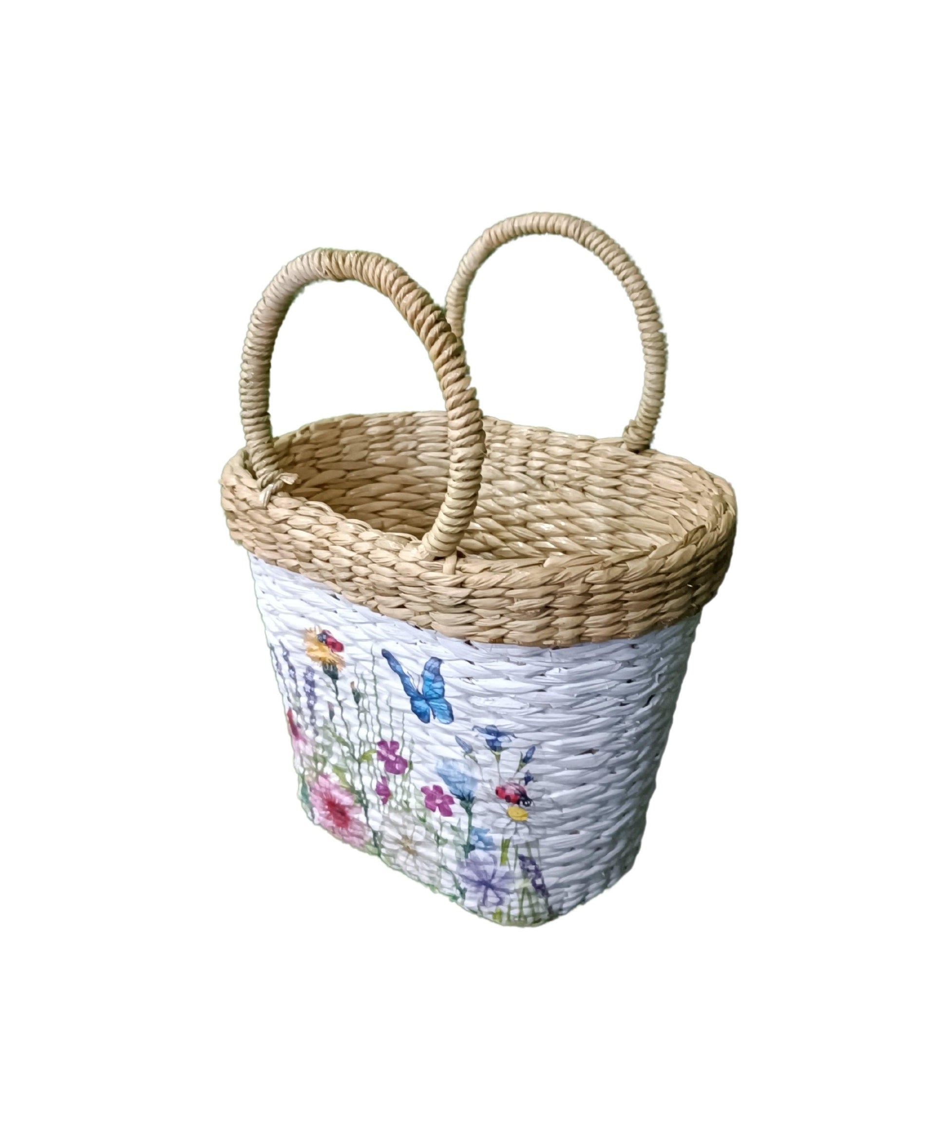 Handwoven floral printed straw Kauna Picnic bag-basket - swadeshibamboo