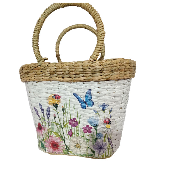 Handwoven floral printed straw Kauna Picnic bag-basket - swadeshibamboo