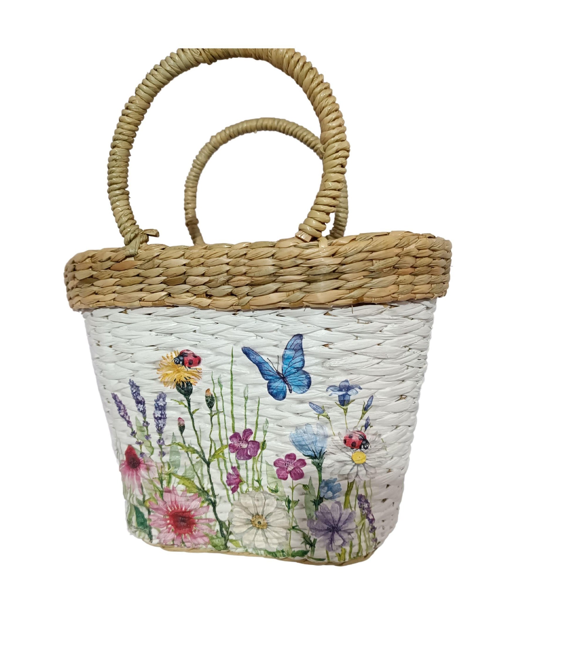 Handwoven floral printed straw Kauna Picnic bag-basket - swadeshibamboo